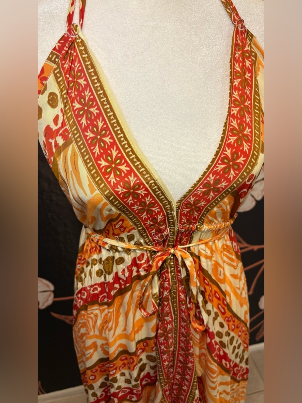 BEAUTIFUL Silk Halter Maxi Dress Open Back Orange Red Boho Resort Dress - Picture 5 of 9